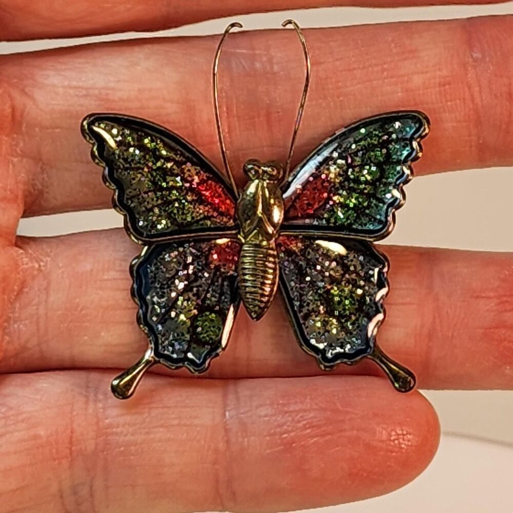 Vintage 1970s Style Glitter Enamel Gold Tone Butterfly Brooch Pin Multicolor